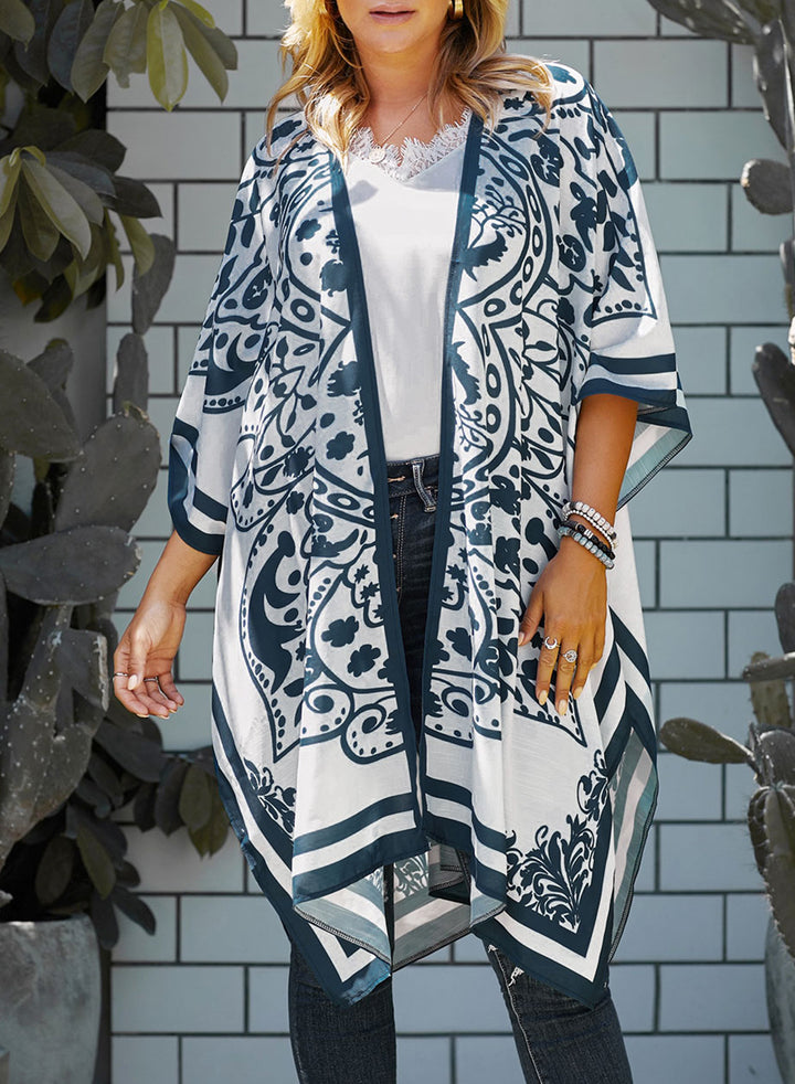 LC85453-1, White Dokotoo Womens 2024 Fashion Print Kimono Tassel Casual Cardigan Loose Cover up