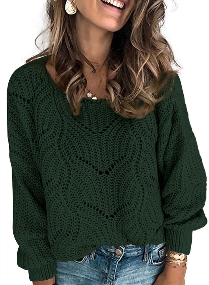 LC272154-9-S, LC272154-9-M, LC272154-9-L, LC272154-9-XL, LC272154-9-2XL, Green Dokotoo Womens 2023 Cute Elegant Soft Crewneck Long Sleeve Hollow Cable Knit Pullover Sweaters