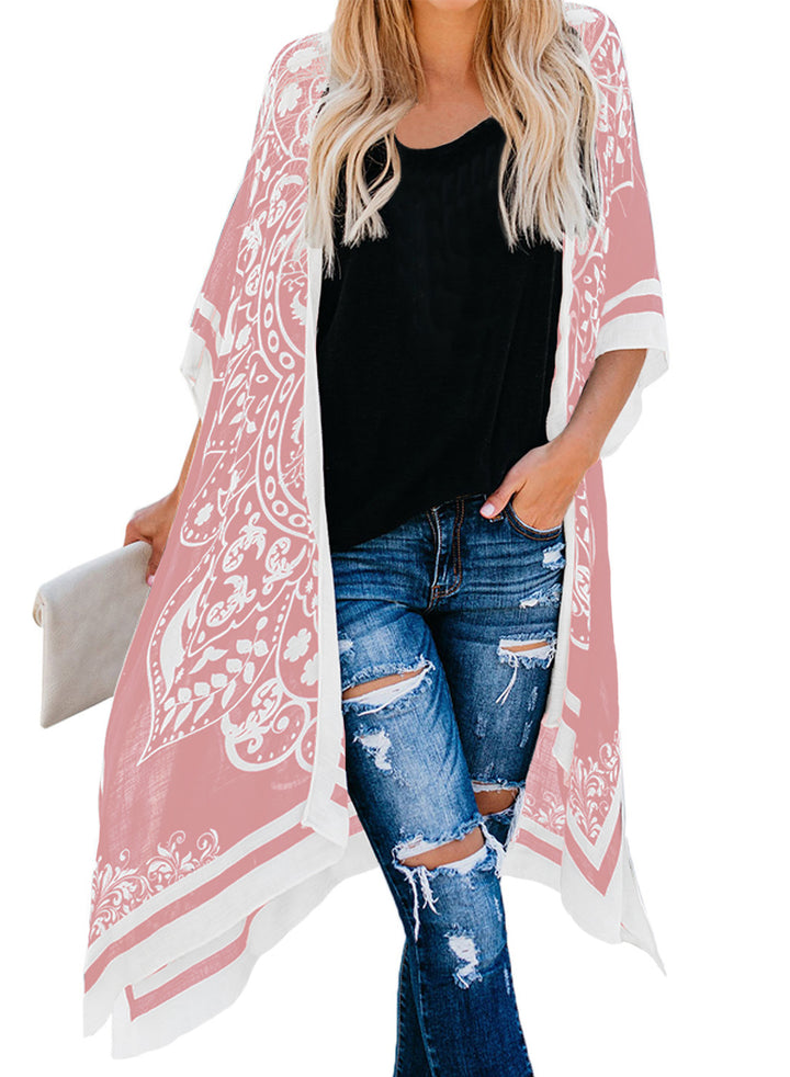 LC85453-10, Pink Dokotoo Womens 2024 Fashion Print Kimono Tassel Casual Cardigan Loose Cover up