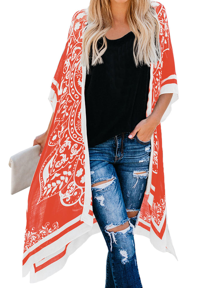 LC85453-3, Red Dokotoo Womens 2024 Fashion Print Kimono Tassel Casual Cardigan Loose Cover up