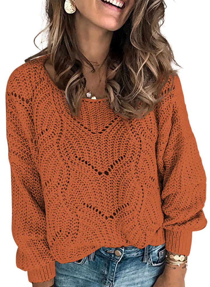 LC272154-14-S, LC272154-14-M, LC272154-14-L, LC272154-14-XL, LC272154-14-2XL, Orange Dokotoo Womens 2023 Cute Elegant Soft Crewneck Long Sleeve Hollow Cable Knit Pullover Sweaters