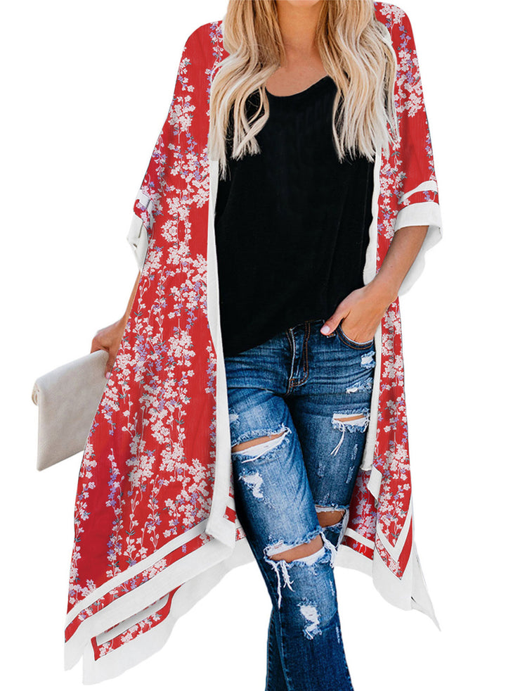 LC85453-103, Red Dokotoo Womens 2024 Fashion Print Kimono Tassel Casual Cardigan Loose Cover up