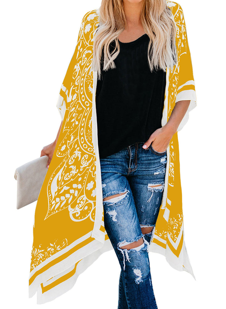 LC85453-7, Yellow Dokotoo Womens 2024 Fashion Print Kimono Tassel Casual Cardigan Loose Cover up