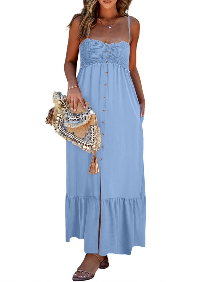LC6118512-P4-S, LC6118512-P4-M, LC6118512-P4-L, LC6118512-P4-XL, Light Blue Dokotoo Womens Summer Casual Dresses Sleeveless Spaghetti Strap Button Down Smocked Beach Long Maxi Dress with Pockets